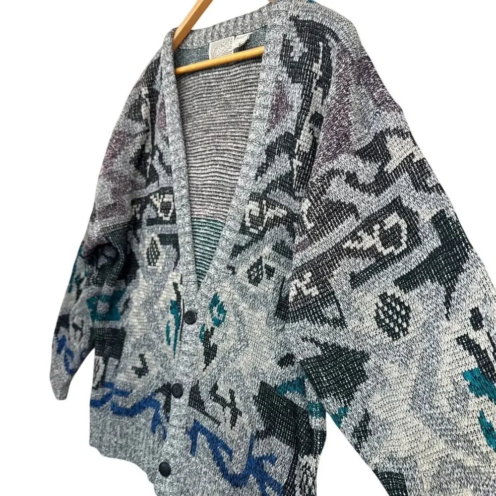 Method Vintage 90s Gray Geometric Abstract Grandpa Cardigan Sweater Men XL